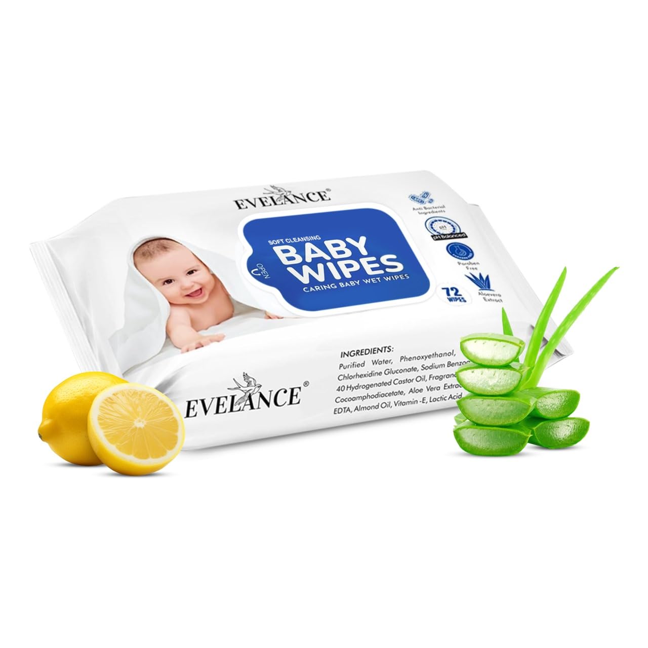 EVELANCE Soft Cleansing Baby Wet Wipes (Pack of 1) 72 Wipes, Daily Use Wipe Enriched with Glycerine, Aloe Vera, Lemon, 98% Water, For New Born Babies and Kids-image-36