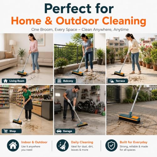 Image of Premium Heavy Duty Floor Cleaning Broom with Stainless Steel Handle | Wide Head Hard Bristle Brush for Home, Bathroom, Kitchen, Balcony & Outdoor Cleaning