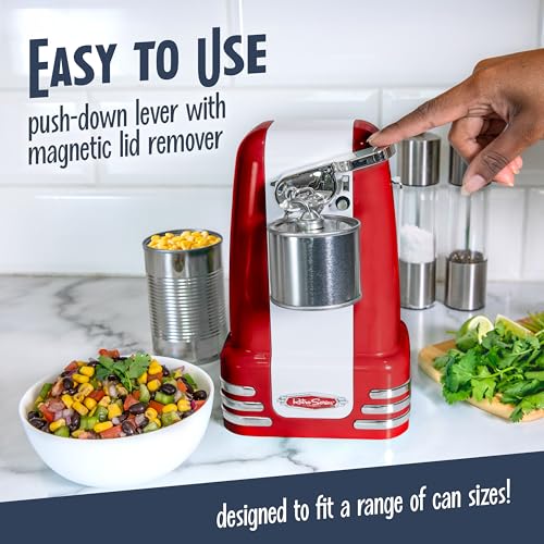 Image of Nostalgia Retro Electric Can Opener for Kitchen with Magnetic Lid Remover, Knife Sharpener, and Soda or Beer Bottle Opener, Red