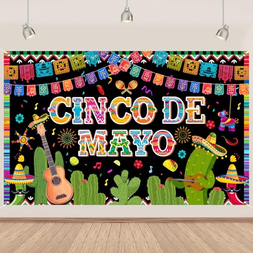 Cinco De Mayo Banner Backdrop 5.9x3.6Ft Colorful Flags Mexican Fiesta Backdrop Guitar Cactus Cinco De Mayo Banner Decorations Fiesta Mexican Party Decorations Photo Props 7143inchPolyester