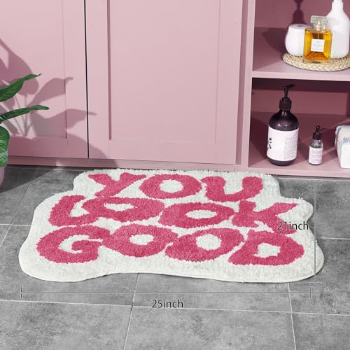 Image of TOIVO You Look Good Bath Mat - Stylish Funny Pink Bathroom Rug with Cute Words, Absorbent & Non-Slip - 25x21 inch (RED)