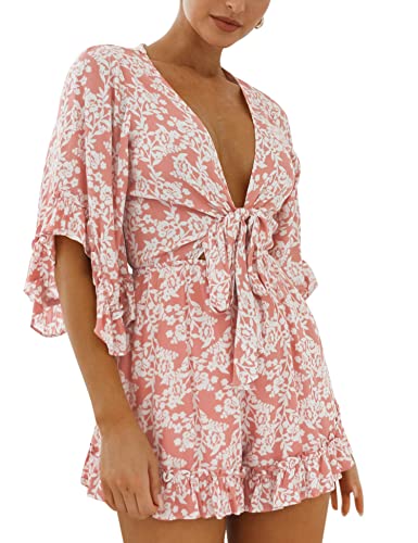 Aimcoo Summer Tie Front V Neck Romper Loose Bell Sleeve Floral Ruffle Rompers Elastic Waist Casual Short Jumpsuits For Women #TOP4