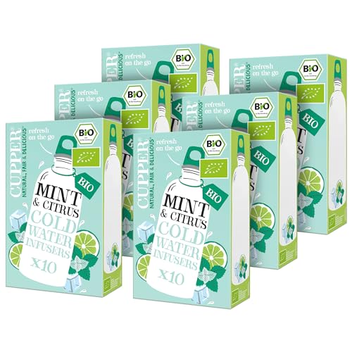 CUPPER - Pack de 6 Cajas de 10 Bolsitas de Infusiones Ecológicas Frías de Menta y Cítricos - Propiedades Refrescantes y Digestivas - Contiene Hibisco Blanco y Regaliz