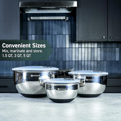 HexClad Stainless Steel Mixing Bowl Set, 3-Piece with Vacuum Seal Lids and Non-Slip Base, 1.3,3 and 5 Quarts - Thumbnail 4