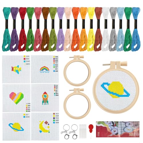gexuamz Kit Bordado Principiantes, 6 piezas Embroidery Kit, Punto de Cruz Completo Preimpreso con Instrucciones y Bastidores para Bordados, Petit Point para Adultos Niños