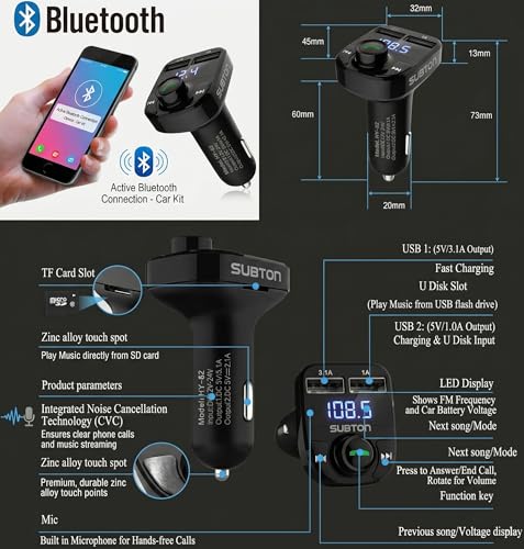 Image of Mobile Charger for Car with Bluetooth 5.0 FM Transmitter, FM Radio Hands-Free Calling, 3.1A Dual USB Fast Charging, Real-Time Car Battery Voltage Display,Supports USB Drive MP3 Playback
