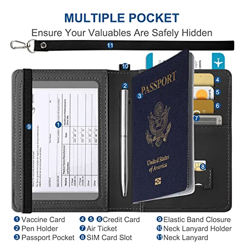Passport Holder for Travel with Neck Lanyard, Passport Case Passport Cover with Pen, RFID Blocking Passport Wallet for Men and Women, Black2