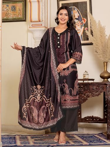 Image of Vbuyz Women's Digital Print Muslin Pakistani Style Stitched Kurta Palazzo With Dupatta | Eid Suits For Women | Salwarsuit For Women