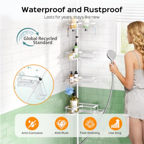 Image of HAMITOR 4-Tier Bathtub Shower Caddy, Tension Pole Corner Shelves, White | Rustproof L-Shaped Adjustable Organizer, No-Drill Bathroom Accessories with Hooks, Space-Saving For Apartment, Renters