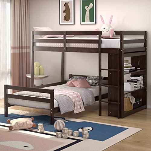 Giantex Twin Over Twin Bunk Bed, Wood L-Shaped Bunk Beds with Storage Bookshelf, Bunk Bed Frame with Guardrails and Ladder for Kids Boys Girls Teens Adults, Can be Convertible into 2 Beds, Espresso
