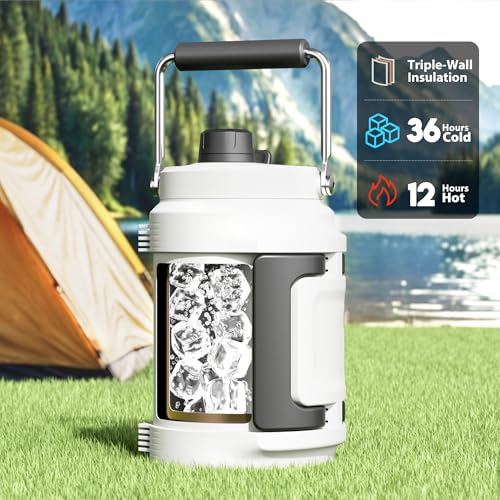 Image of 64 oz Insulated Water Bottle for Gym: Meoky Triple Wall Vacuum Stainless Steel Half Gallon Water Jug - Top and Side Handles, 2-in-1 Straw and Spout Lid, Cold for 36 Hrs, Leak Proof for Camping (Ivory)