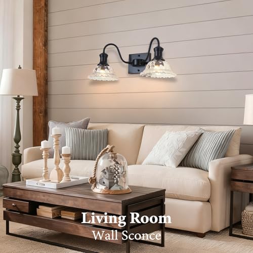 Image of Farmhouse Vanity Lights, 2-Light Vanity Light with Clear Flower Glass Shade, Bathroom Lights Fixtures Over Mirror, Vintage Wall Sconce for Bathroom, Dressing Table