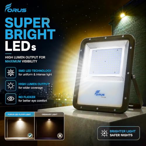 Image of Forus 100W LED Flood Light, IP67 Waterproof Outdoor LED Floodlight, High Mast Focus Yellow Light, 4-Yr Warranty, Energy Efficient Halogen Replacement for Factory, Garage, Parking, Garden, Shop (1 PC)