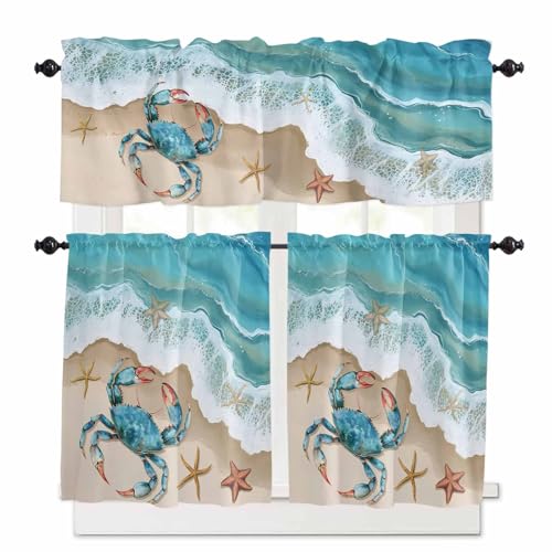 Ocean Crab Kitchen Curtains 24 Inch Length,3 Piece Rod Pocket Small Half Tiers and Valance Set,Beach Starfish Seashore Gradient Sea Waves Small Large Window Treatment Decor for Bedroom/Bathroom Sink