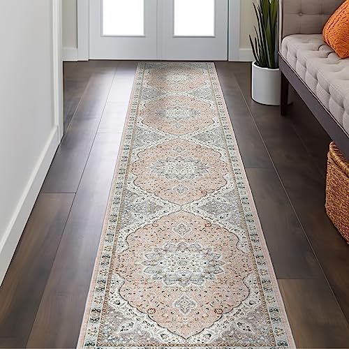 Madane Hallway Runner Rug 2x12, Extra Long Washable Runner Rugs with Rubber Backing, Non Slip Carpet Runner for Hallway, Vintage Rug Runners for Kitchen Laundry Room Entryway (Pink/Gray, 2'x12')