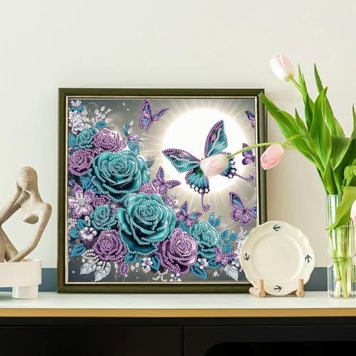 Image of Tontut Diamond Art Painting Kit, Blue and Purple Roses, Butterflies 5D DIY Localized Special Shape Diamond Art Painting Mosaic Crafts for Beginners.