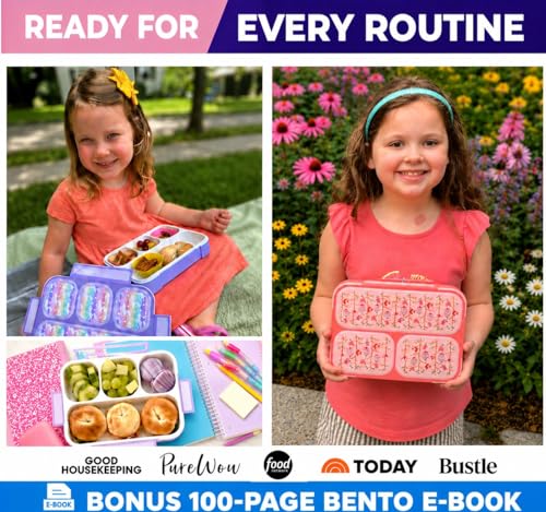 Image of kinsho Bento Box Lunch Boxes for Kids Girls, Meal and Snack Containers for Toddler Daycare, School Travel, Loncheras Para Ninas, Utensils Included (Purple Rainbow Unicorn + Pink Flowers, 2 Pack Set)