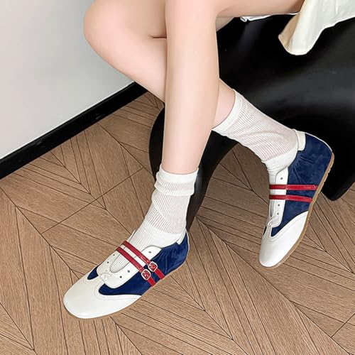 Ballet Sneakers for Woman Leather Buckle Color Block Wide Box Square Toe Trendy Ballerina Flats Fancy Retro Ballet Shoes 2025 Spring Summer Comfortable Soft Casual Daily Walking Footwear4