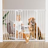 Newnice Baby Gate with Cat Door, 33' Tall 29.9-47.6' Auto Close Metal Cat Gate for Stairs, Pressure Mounted Dog Gate for Doorways, Stairs, Kitchen, Walk Thru Safety Gate with Small Pet Door, White