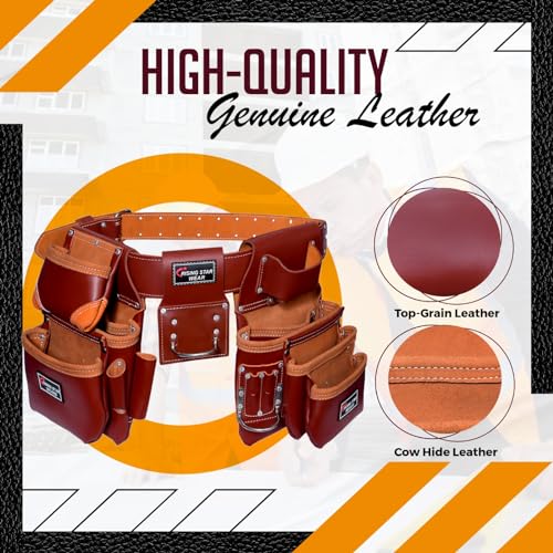 Image of Rising Star Wears Genuine Leather Tool Belt Pouch, 22-Pocket Maroon Tool Bag