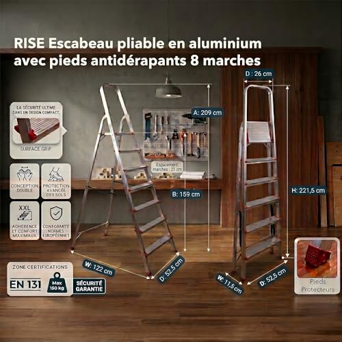 Escabeau pliable aluminium 8 marches Rise en structure métallique stable - 5