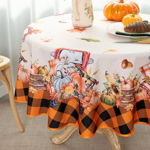 MikiUp-Thanksgiving-Fall-Tablecloth-Harvest-Pumpkin-Round-Table-Cloth-Farmhouse-Holiday-Checkered-Table-Cover-for-Party-Picnic-Dinner-Decor-Orange-60-Inch MikiUp Thanksgiving Fall Tablecloth Harvest Pumpkin Round Table Cloth Farmhouse Holiday Checkered Table Cover for Party Picnic Dinner Decor Orange 60 Inch