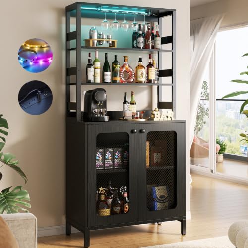 Aheaplus Bar Cabinet with Power Outlets, 67' Tall Wine Bar Cabinet Liquor Cabinets with LED Lights...