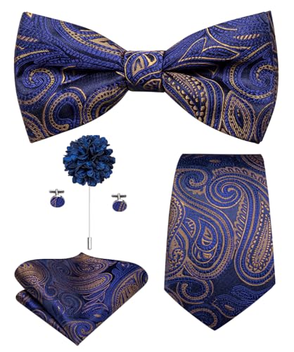 Image of Hi-Tie 5Pcs Mens Solid Color Silk Tie Satin Pretied Bowtie Lapel Pin for Men Handkerchief Cufflink Wedding Gift Box