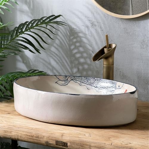 Lavabo de baño sin salpicaduras pintado a mano con desagüe completo y grifo 5