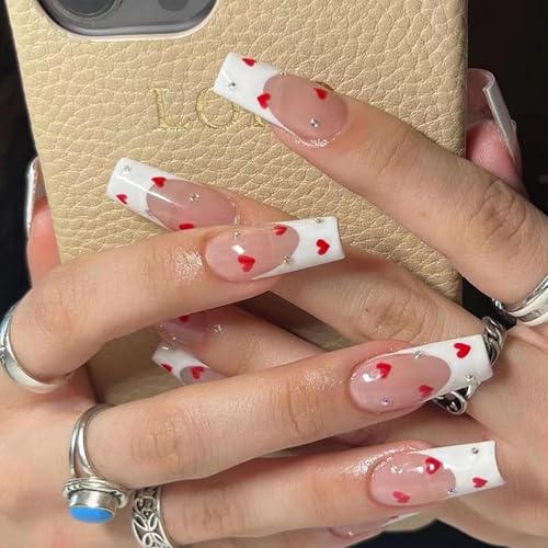 Valentines Long Press on Nails White French Tip Long Fake Nails C...