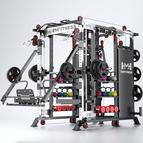 Image of Smith Machine with Weight Stacks Power Cage Squat Rack Dual Cable Crossover Machine, LAT Pull-Down All in One Home Gym Systems