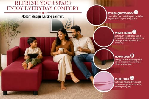 Image of 3 Seater Wooden Sofa with Ottoman | Modern Sofa Set for Living Room | Stylish Home Furniture Sofa with Comfortable Seating-Red