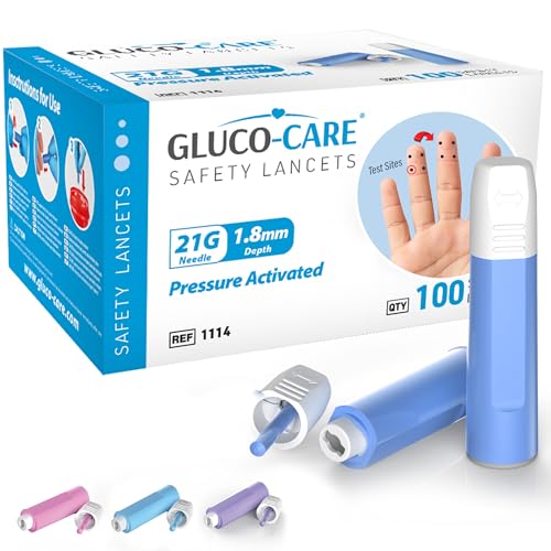 GLUCO-CARE Safety Lancets Contact-Activated 21G x 1.8mm Pre-loaded Sterile Box of 100