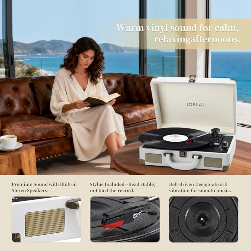 Image of Record Player 3 Speeds Turntable with Bluetooth Built-in Battery Stereo Speakers Vintage Record Player Belt Driven Portable Suitcase PC Recording White