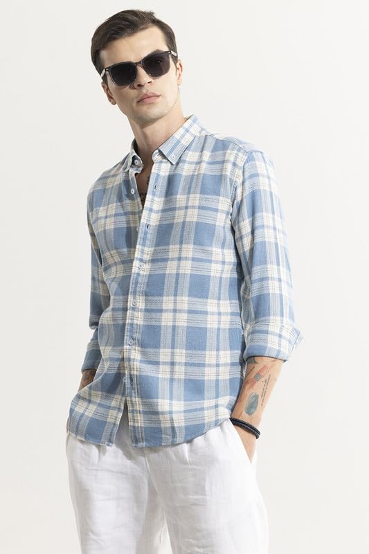 Image of SNITCH Men's Checks Shirts | College Wear| Casual Wear Streetwear Style | Cotton Button Down Full Sleeve Slim Fit Blue