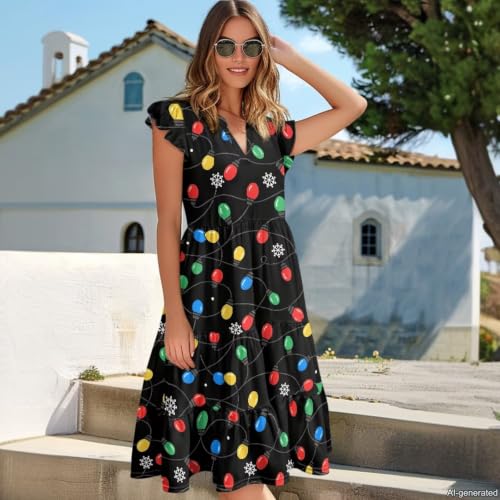 Image of Womens Summer Dress Ruffle Sleeve V Neck Dress Casual Fit Flowy Beach Vacation Sundress with Pocket S-2XL