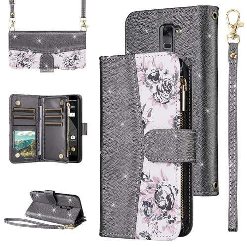 Furiet for LG Stylo 2 2+/Stylus 2 Plus/Stylo2 V 2V Verizon Floral Wallet Case with Flip Zipper Purse Wrist Strap Shoulder Strap Luxury Glitter Card Holder Stand Phone Cover for G LS775 VS835 Black