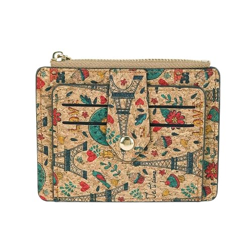 fdsmall Billetera de Mujer Flor, pequeña y compacta Billetera de Corcho Doble doblada Mini Billetera de Mujer, con Ventana de identificación y Bolsillo de Moneda con Cremallera (Torre de Hierro)