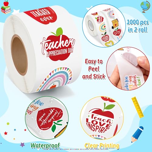 Image of Teacher Appreciation Week Stickers - 1000 Pcs Happy Teachers' Day Waterproof Vinyl Reusable Laptop Stickers Coloring Book Scrapbook Water Bottle Page Activity Pad Party Favors Kids Skateboard