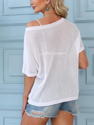 Image of Crochet Tops for Women Short Sleeve Off The Shoulder Sweater Top Crochet Swimsuit Coverup for Beach Vacation Outfits White Flower S