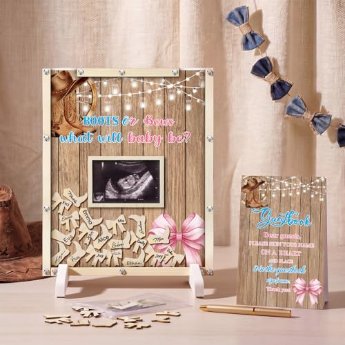 Image of Beeveer 65 Pcs Boots or Bows Gender Reveal Baby Shower Guest Book Alternatives Western Gender Reveal Decorations Sign in Guest Book with Picture Frame and 60 Wooden Chip for He or She Party Keepsake