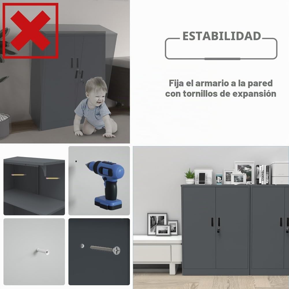 Armario de metal con cerradura y 2 estantes ajustables (90x80x40cm) - Armario de acero para oficina, garaje y hogar | Capacidad de carga de 50 kg por estante (Gris oscuro, 90x80x40cm)