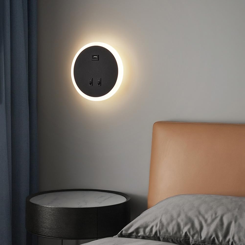 AoLa 12W Okrągła lampa ścienna LED z przełącznikiem i portem USB do ładowania Lampa ścienna do wnętrz 3 kolory 3000K/4000K/6000K Nowoczesna lampka nocna z akrylowym kloszem do sypialni salonu,Black
