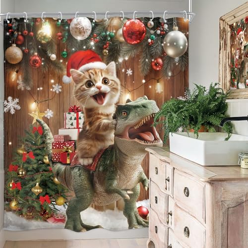 Image of Merry Christmas Shower Curtain Cat Funny Xmas New Year Winter Holiday Cute Riding Dinosaur Snowflake Pine Tree 60Wx72H Inch Funny Cartoon Waterproof Polyester Fabric Bathroom Bathtub