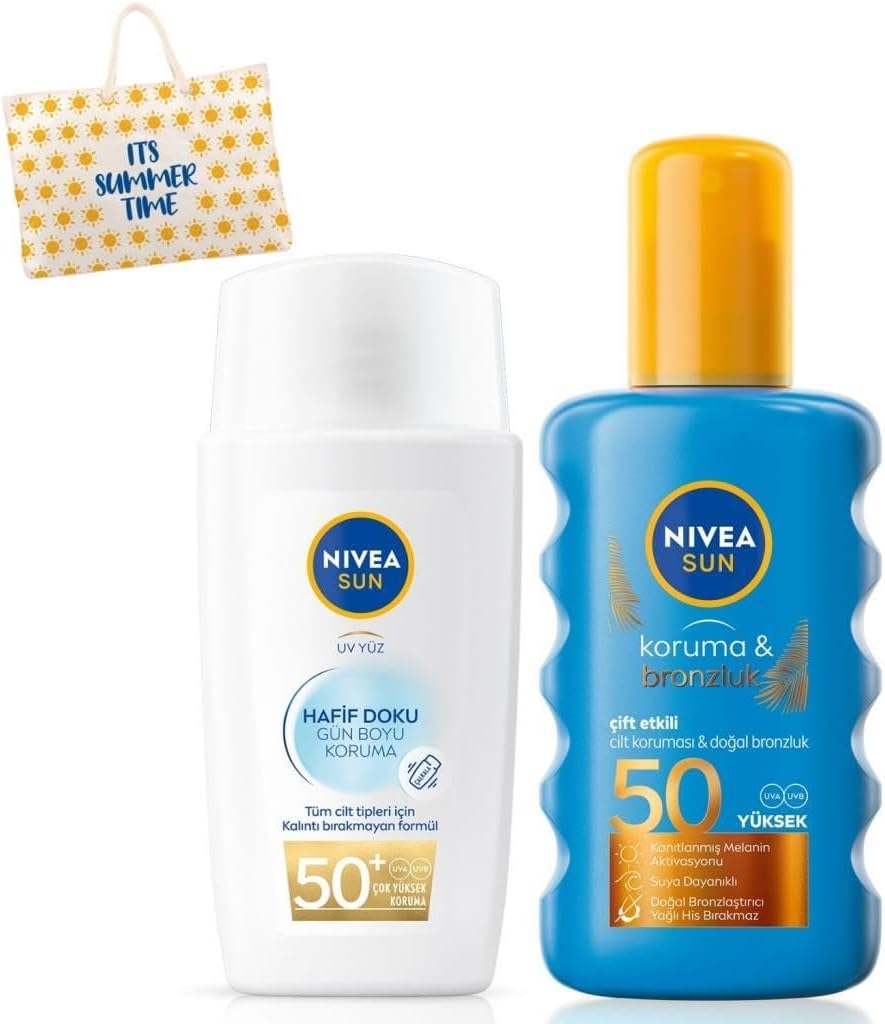 NIVEA SUN Hafif Dokulu Güneş Yüz Kremi 40ml ve Koruyucu Bronzlaştırıcı Güneş Spreyi 200ml, SPF50, Çantalı