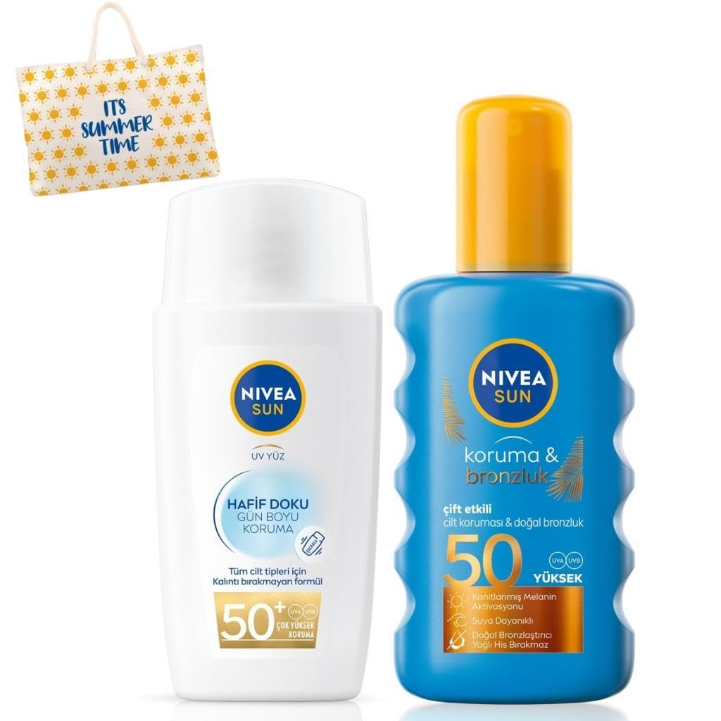 NIVEA SUN Hafif Dokulu Güneş Yüz Kremi 40ml ve Koruyucu Bronzlaştırıcı Güneş Spreyi 200ml, SPF50, Çantalı