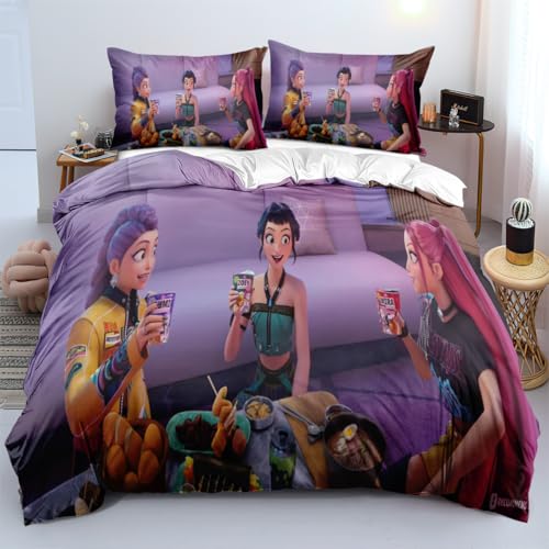 Genérico Anime Juego de Funda Nórdica 150X200cm Rumi Mira Zoey Jinu Tiger Cama de 90 Funda de Edredón de Microfibra Suave con 2 Fundas de Almohada 50x75