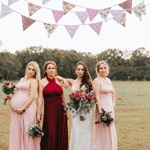 Image of Zwiebeco 32Ft Pink Purple Rustic Floral Fabric Pennant Banner Triangle Flags Cotton Retro Flowers Bunting Party Decorations for Birthday Engagement Wedding Spring Vintage Village Home Garden Decor