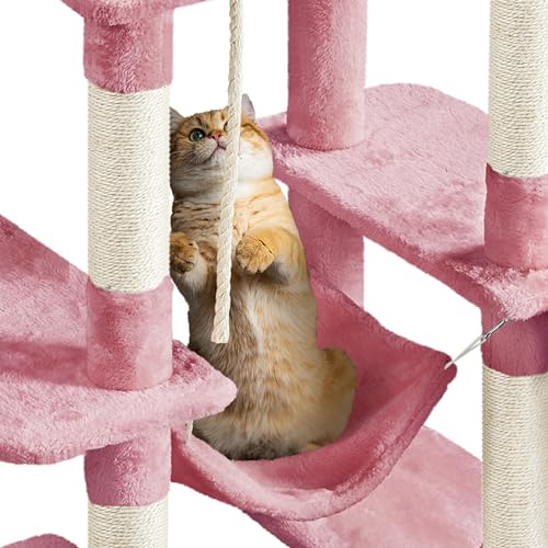 Image of Yaheetech 63in Sturdy Large Cat Tree for Indoor Heavy Cats, Tall Tower | Plush condo, hammock, sisal scratch posts, anti-wobble base, multi-pet friendly, easy assembly, scratch-resistant, pink