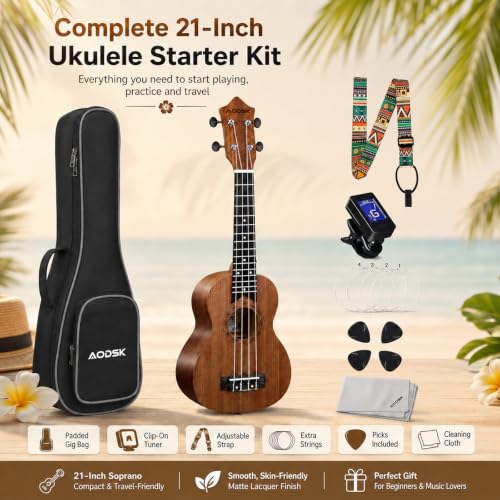 Image of AODSK Soprano Ukulele for Beginner 21 Inch Ukelele Kit with Gig Bag StrapTuner Nylon String 4 Picks Cloth Online Lesson Holiday Gift